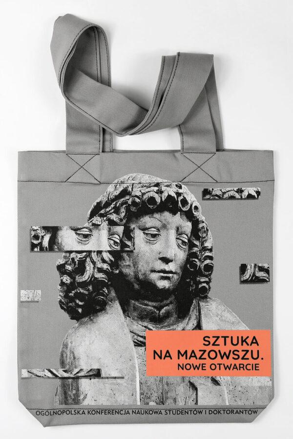 Szara torba bawełniana z nadrukiem na konferencję Sztuka na Mazowszu