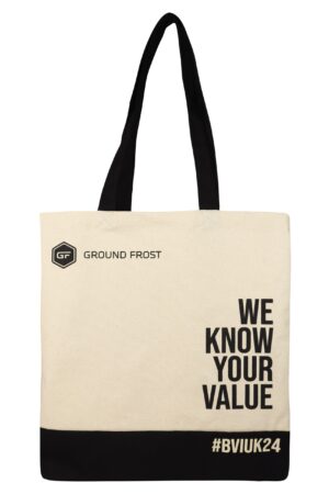 Torba bawełniana beżowo-czarna z logo Ground Frost i napisem We Know Your Value oraz hashtagiem #BVIUK24