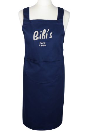 Fartuch gastronomiczny bawełniany granatowy z białym haftem Bibi's Cafe & Bar na manekinie