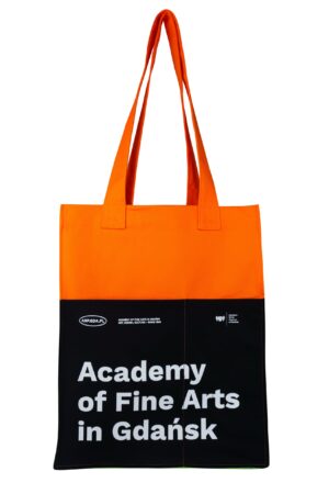 Torba bawełniana pomarańczowo-czarna z białym nadrukiem Academy of Fine Arts in Gdańsk